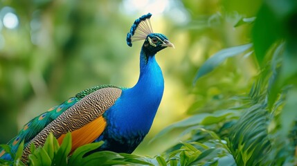 Obraz premium Vibrant Peacock Displaying Feathers in Lush Green Environment