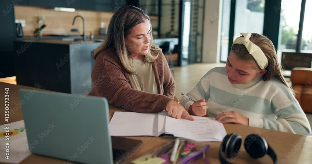 Poster home, mother and helping girl with homework for learning support, reading lesson and language develo