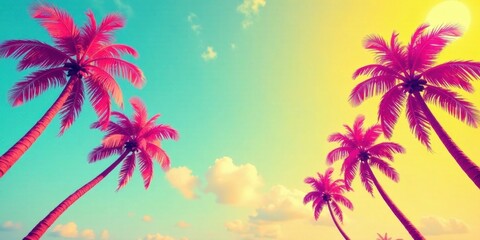 Obraz premium Vibrant Pink Palm Trees Silhouetted Against a Sunset Sky, Evoking Feelings of Tropical Paradise and Summer Vacation