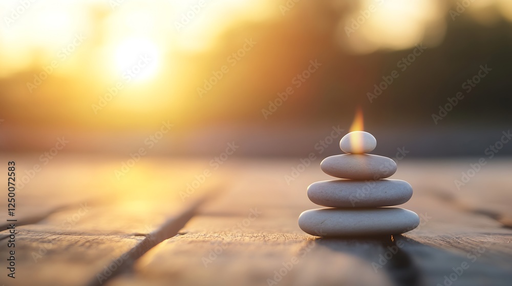 Poster Serene Stacked Stones with Flickering Flame Creating a Calming Atmosphere at Sunset : Generative AI