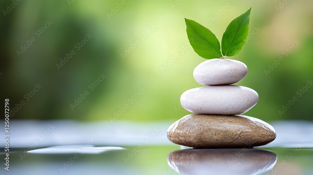 Aufkleber Tranquil Stack of Spa Stones with Green Leaves on a Soft Focus Background in a Natural Setting : Generative AI