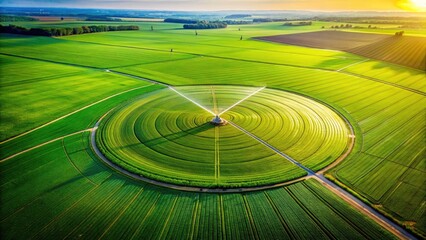 Aerial drone view:  a lush green farm, irrigated by a pivoting sprinkler, bokeh blurring the edges.