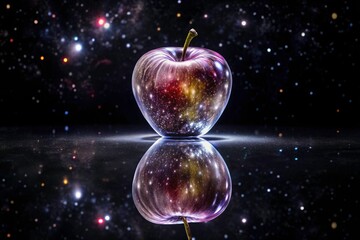 A gleaming crystal apple, cosmically reflected, dominates a dark, geometric space. Elegant, modern, and luxurious 4K digital art.