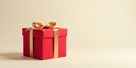 Obraz premium A single red gift box with a gold ribbon, elegantly presented on a neutral background, perfect for celebratory occasions and conveying a sense of joy and anticipation.