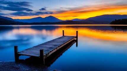 Naklejka premium Stunning lake view at sunset with reflections on water and a wooden pier creating a calm atmosphere : Generative AI