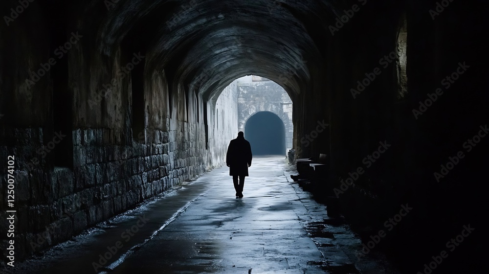 Poster silhouette of a person walking through dark archway into light : generative ai