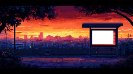 Vibrant sunset illuminates city skyline viewed from tranquil bus stop. AI Generated