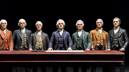 Figures representing founding fathers at a table in a dimly lit setting showcasing historical dedication and craftsmanship