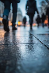 Naklejka premium Urban Evening Scene with People Walking on Wet Pavement Reflecting City Lights : Generative AI