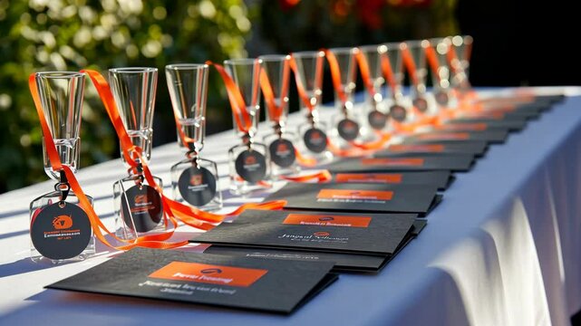 Festive display of awards and glasses at a celebration event in an outdoor setting