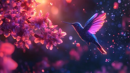 Vibrant hummingbird in flight near pink blossoms.