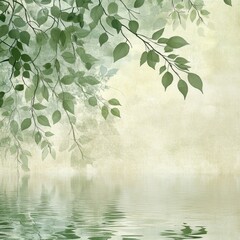 Serene water scene with leafy branches reflected in calm water.