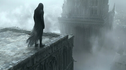 A cloaked figure stands on a rooftop overlooking a foggy gothic city.