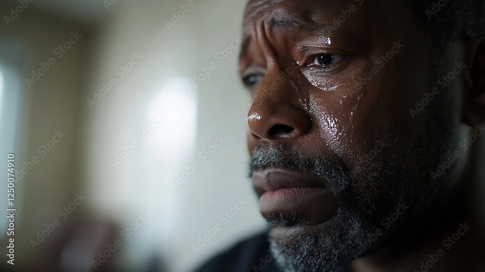 Poster close up of a sorrowful black man with tears and emotion captured in profile : generative ai