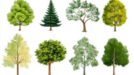 Eight diverse tree types, isolated on white; nature background; design element