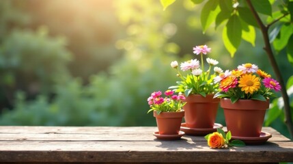 Fototapeta premium Vibrant Blooms in Terracotta Pots Adorn Rustic Wooden Table, Basking in Sunny Garden Ambiance