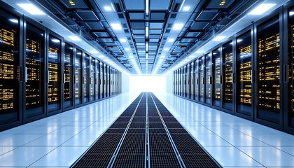 Server Room: A Cool, Blue-Lit Data Center Corridor