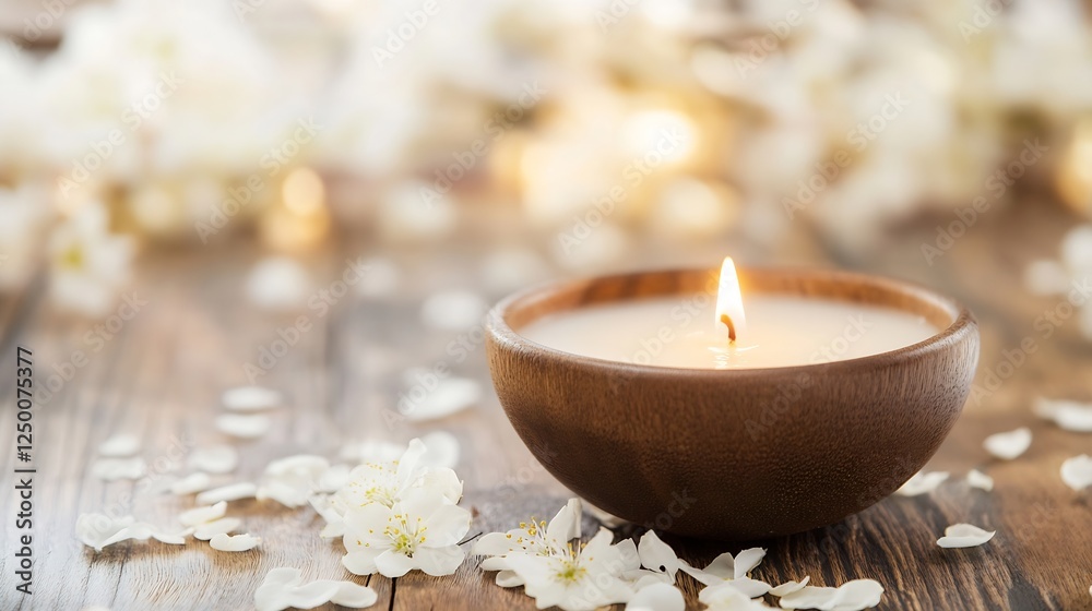 Aufkleber A serene and calming scented candle surrounded by delicate flower petals on a rustic wooden table : Generative AI
