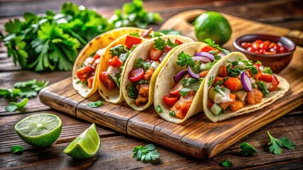 Architectural lines highlight succulent quesabirria tacos nestled on a rustic cilantro-lime wooden tray.