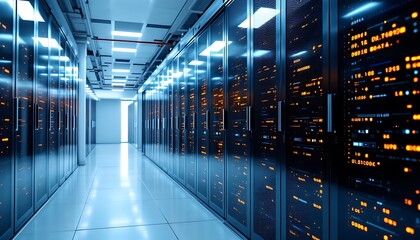 Sleek Server Room:  A Cool Blue and Orange Digital Corridor