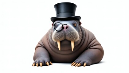 Charming Walrus in Top Hat and Monocle Exudes Sophistication