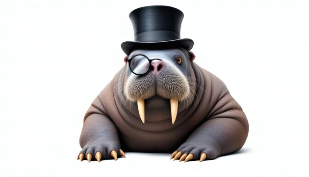 Charming Walrus in Top Hat and Monocle Exudes Sophistication