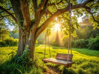 Naklejka premium A rustic wooden swing hangs idyllically amidst lush greenery, a summer scene of peace.