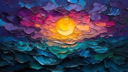 Naklejka premium Impasto Sunset Vibrant Hues Textured Canvas Painting. AI Generated