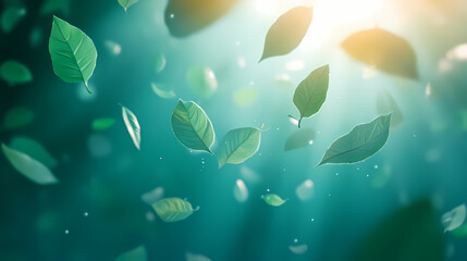 Green floating leaves flying leaves green leaf dancing, air purifier atmosphere simple main picture. AI-Generated Dreamscapes. Illustration