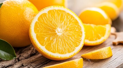 Fototapeta premium Fresh Juicy Orange Halved and Sliced Fruits Displaying Vibrant Color on Wooden Background : Generative AI