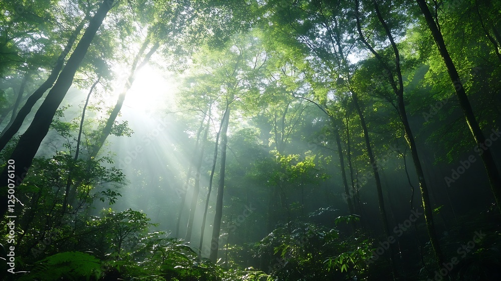 Aufkleber Sunlight Filtering Through Lush Greenery in Dense Forest : Generative AI