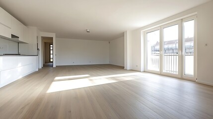Obraz premium Spacious empty modern living room with natural light and wooden flooring for home decor inspiration : Generative AI