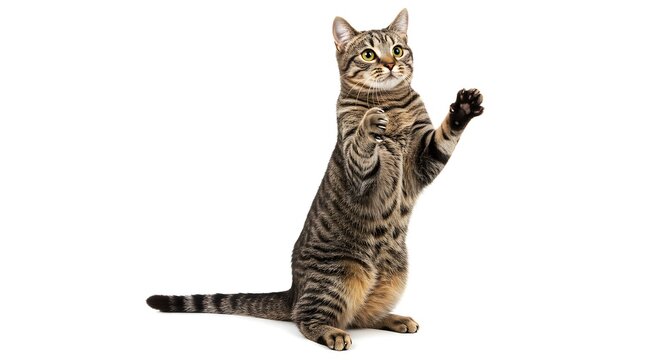 Adorable Tabby Cat Standing on Hind Legs, Playful Pose, White Background