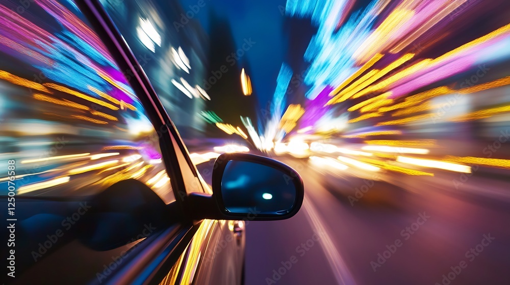 Poster dynamic motion blur of a car passing through city streets at night with colorful lights : generative