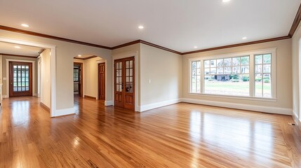 Obraz premium Bright and Spacious Modern Living Room with Wooden Flooring and Large Windows : Generative AI