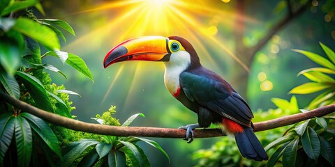 Fototapeta premium A vibrant toucan perched on a branch, bokeh blurring a lush rainforest backdrop.
