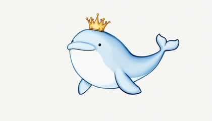 Obraz premium Cheerful Beluga Whale Wearing a Royal Crown Waves Happily in Illustration