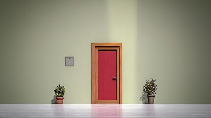 Minimalist Digital Rendering of Red Door and Plants