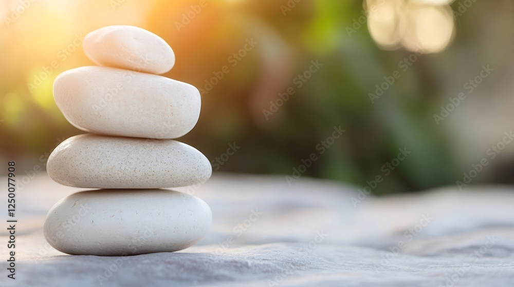 Poster balanced stacked stones symbolizing tranquility and nature : generative ai