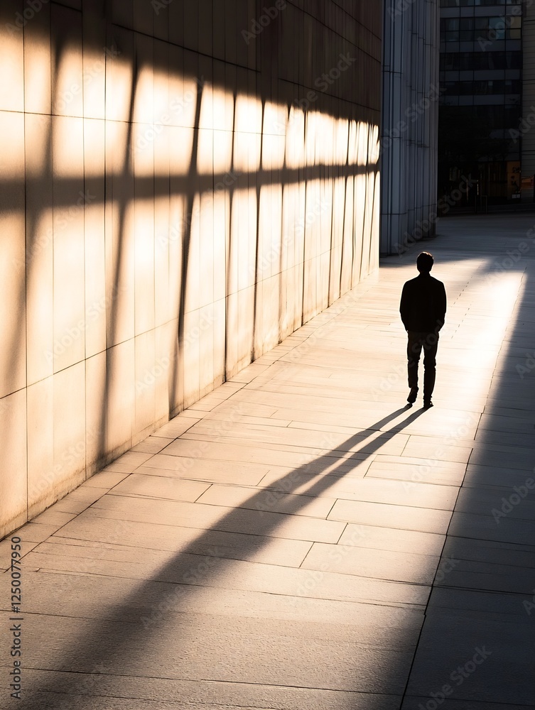 Aufkleber Lonely figure casting long shadows on a sunlit wall in an urban setting : Generative AI