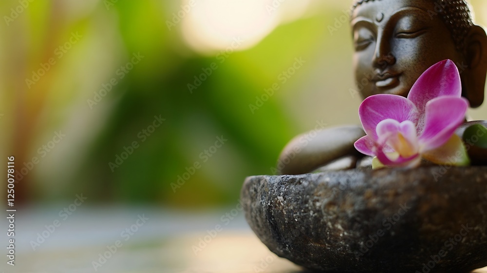 Poster serene buddha statue with orchid flower on natural stone in calm zen setting : generative ai
