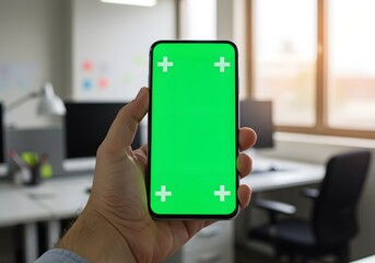 Holding Smartphone with Green Screen in Office Setting for Application Mockups