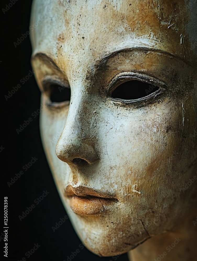 Poster close-up of a vintage mannequin head showcasing artistic details and weathered texture : generative 