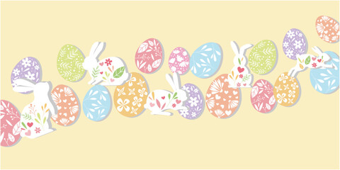 Happy easter illustration. Spring flowers, decorative eggs and bunnies decoration illustration for Happy easter design. Vector illustration.