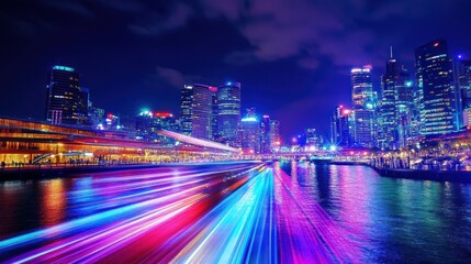 Fototapeta premium A vibrant city skyline at night with colorful lights reflecting on the water.