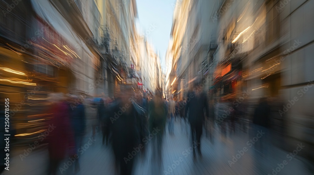 Poster blurred image of crowded city street filled with people and bright lights creating an energetic atmo