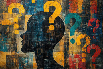 A painting of a person covered in question marks, symbolizing uncertainty and confusion on canvas.