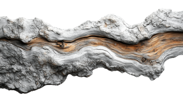 A beautifully textured piece of driftwood showcasing a stunning contrast between the natural wood grain and the weathered outer layer, perfect for decor.