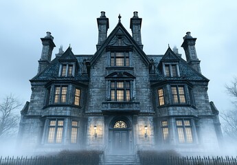 Fototapeta premium Mysterious Stone Mansion in Mist Gothic Architecture at Dusk