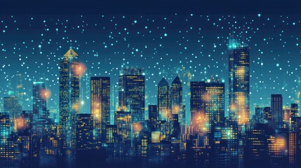 A vibrant city skyline at night, illuminated by lights and falling snowflakes.